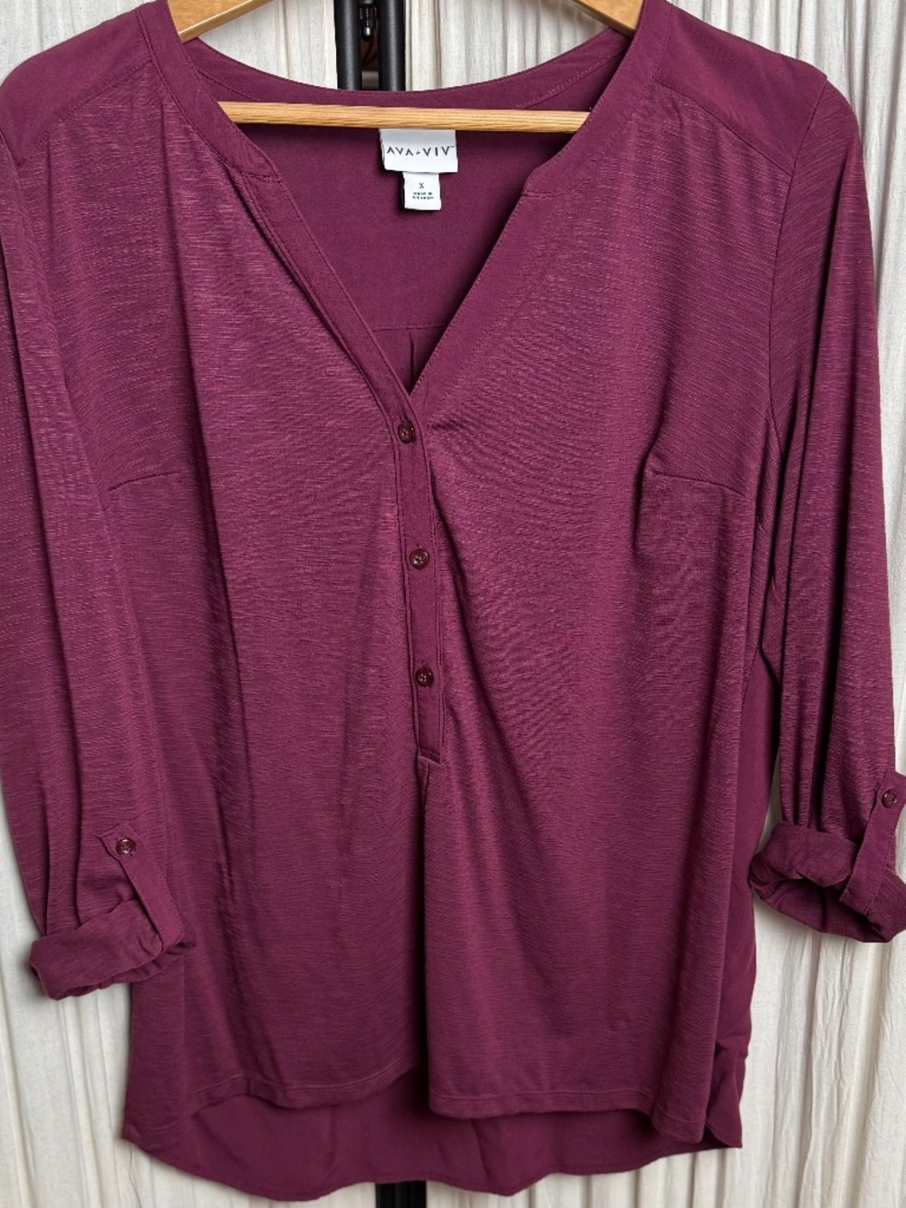 Ava & Viv Plum Purple Roll Tab Sleeve Henley Blouse XL
